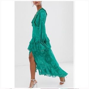 Dark Pink plunge front midi dress with frill detail in green